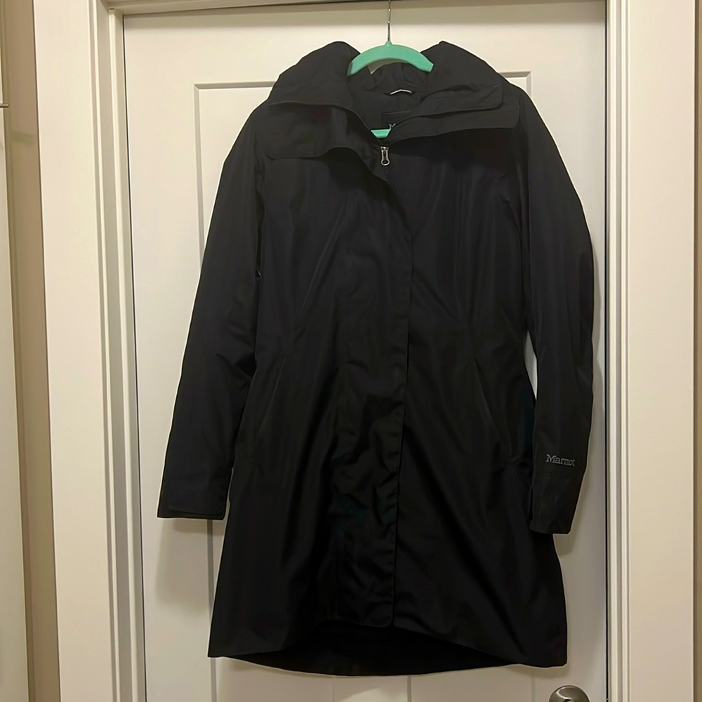 Black Marmot long down jacket with shell. Size medium.